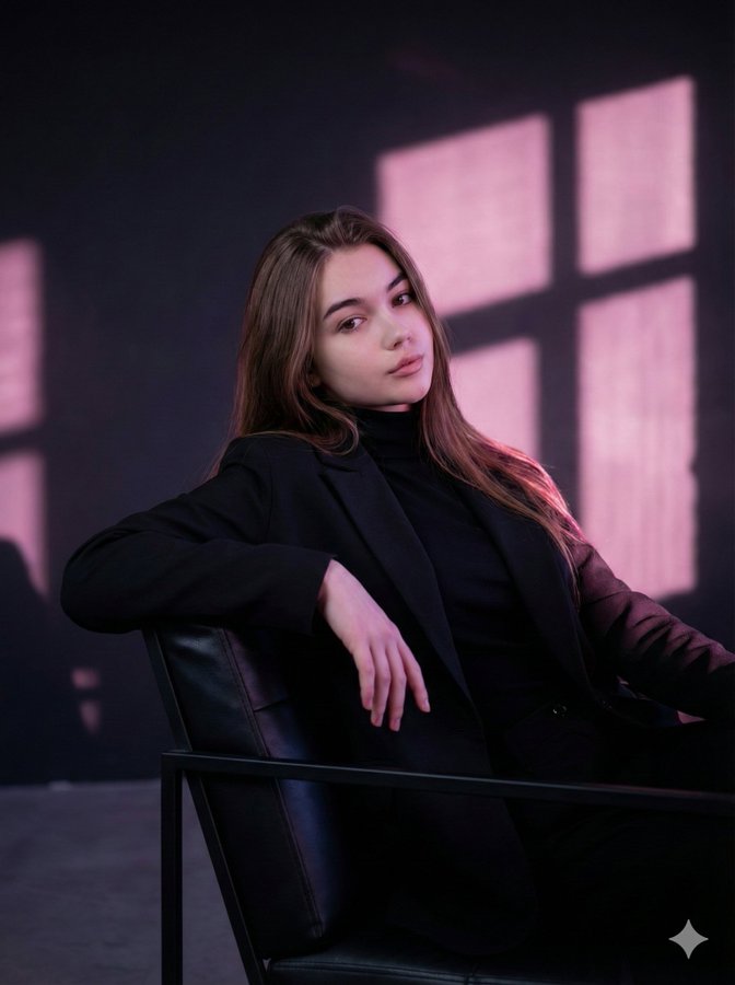 Nano banana Pro on Gemini app.
A stylish, cinematic portrait of a young woman seated in a modern ch