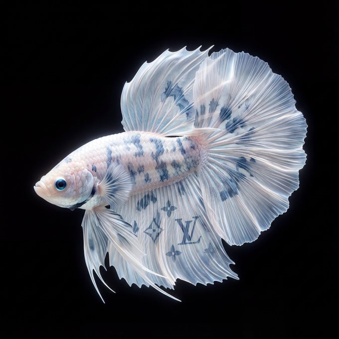 这是艺术还是广告?
一条完美侧面的白色斗鱼,身上的蓝色纹理藏着Louis Vuitton的图案。但它们不是印上去的,而是像锦鲤斑纹一样自然生长出来。
提示词核心:让70%保持野生美感,30%巧妙植